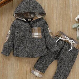 NWOT 2pcs Baby Boys Plaid Printed Hoodies Winter Sweatshirt & Contrast Trim Sets